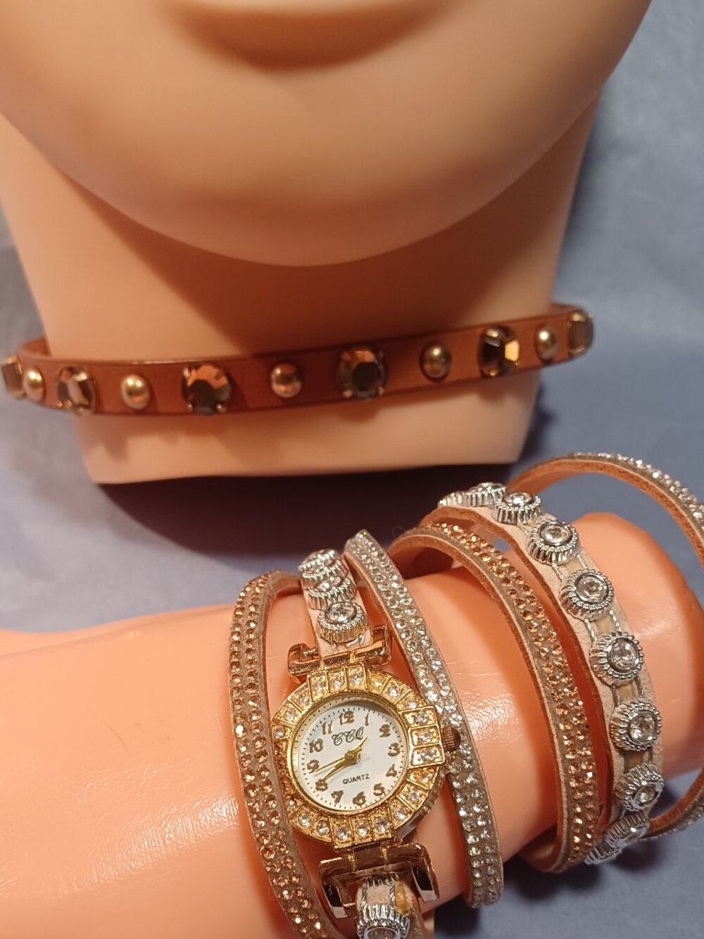 Festival Chic "Boho Duo" - Suede Wrap Watch & Whiskey Studded Leather Choker
